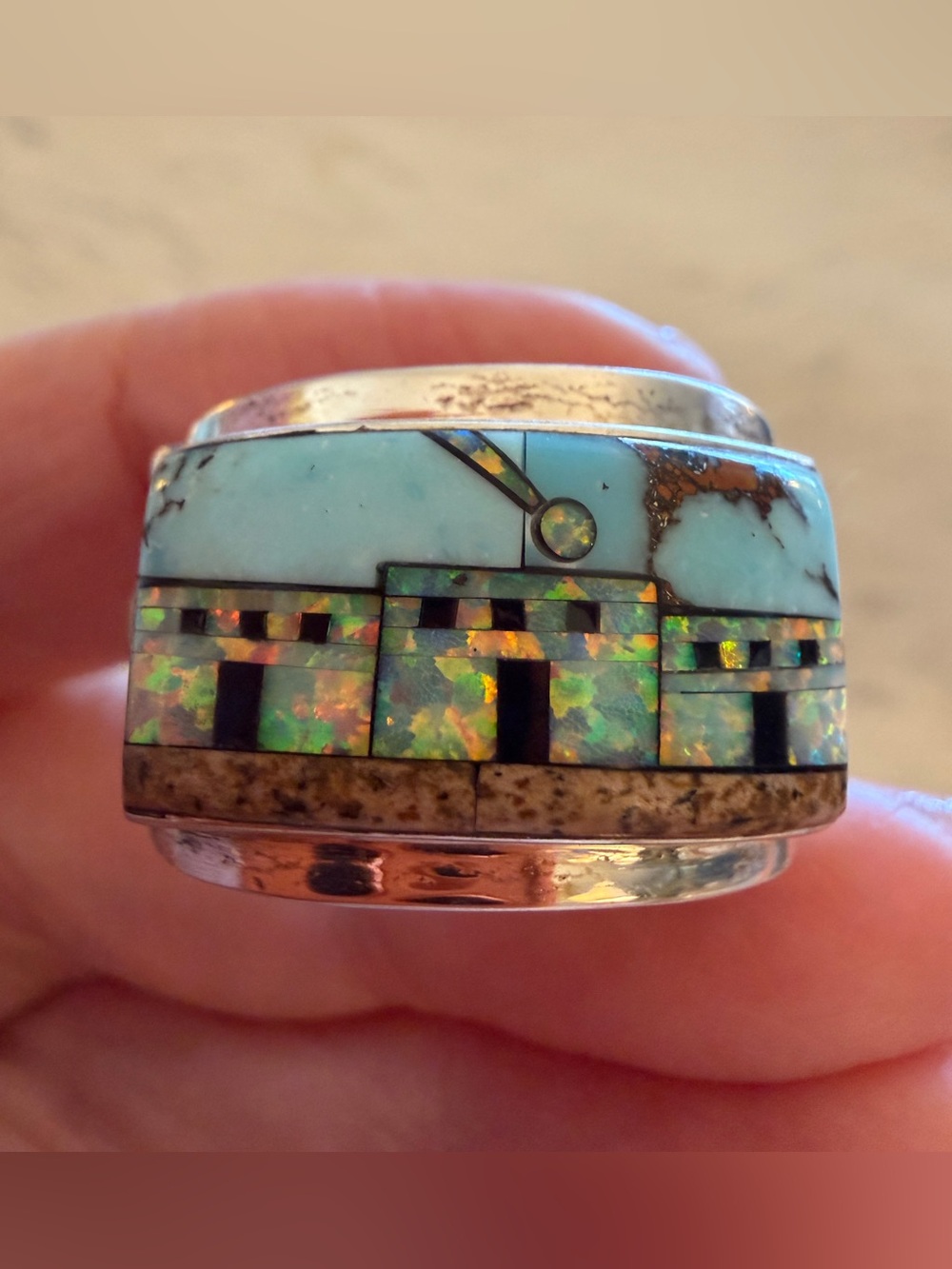 ❤️ Signed Galaxy Micro Inlaid Large Pueblo Scene Sterling Ring Sz 9 Unisex 8.7G - Picture 5 of 17